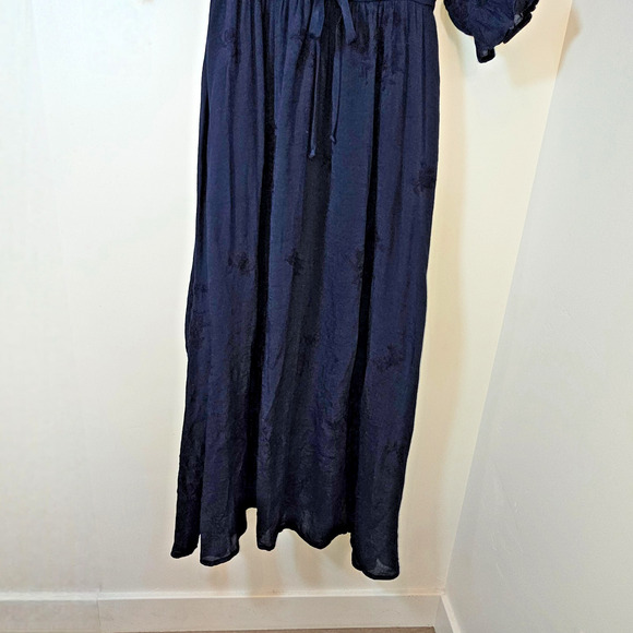 Smocked waist peasant square neck dress Large Navy Rayon Puff Sleeve Cottagecore - Picture 5 of 9